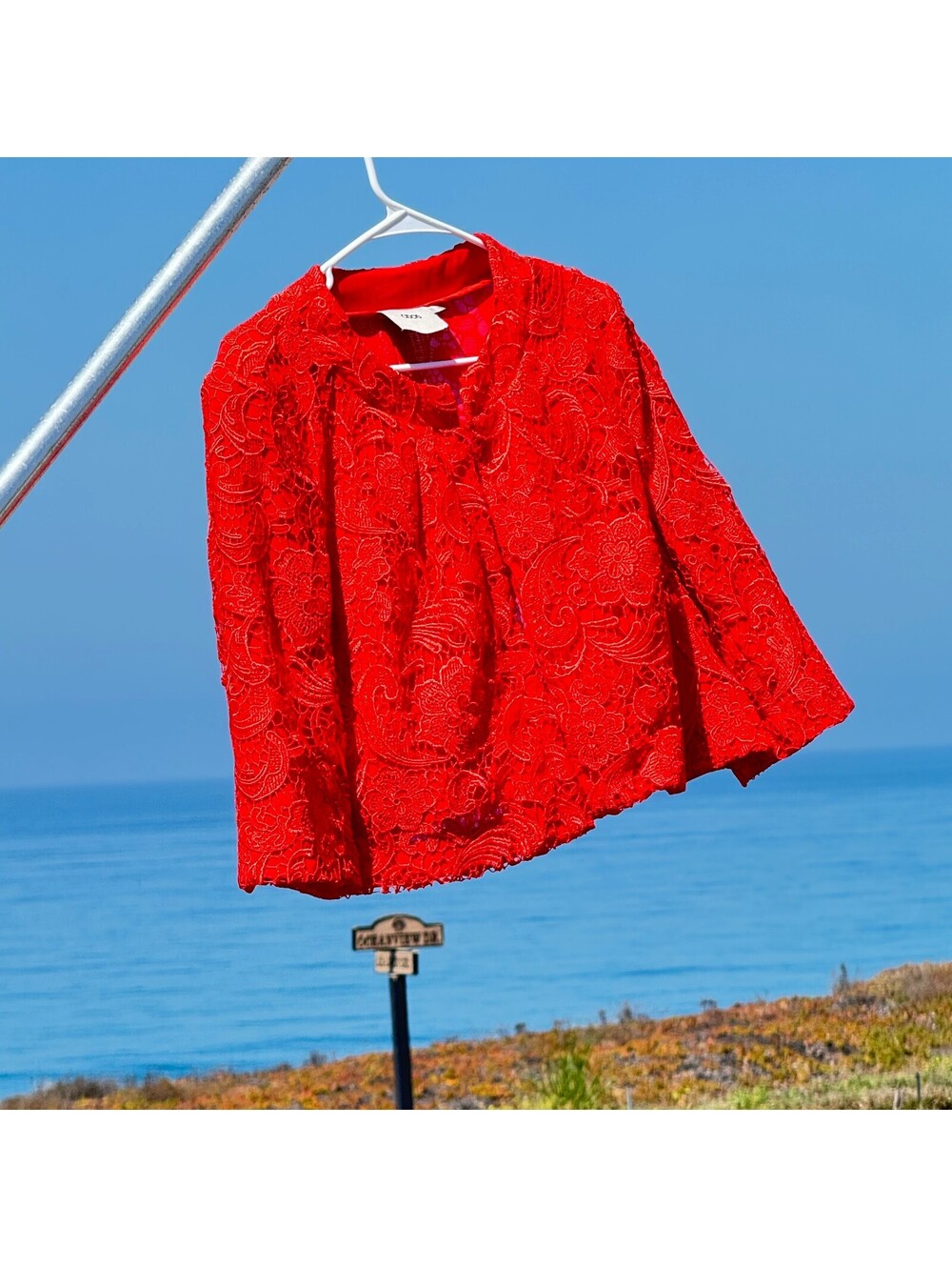 ASOS Red Lace Cropped Jacket Floral Vibrant 3 Quarter Sleeves Size 12 Whimsy